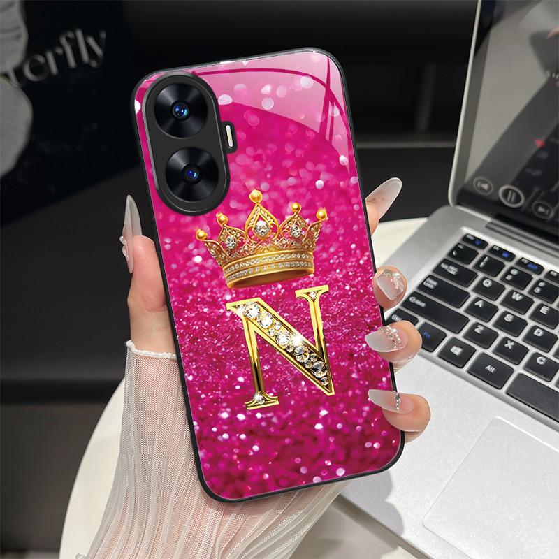 For Realme C55 4G Case Fashion Letters Hard Tempered Glass Back Covers For Realme Narzo N55 NarzoN55 C55 RMX3710 Phone Shell