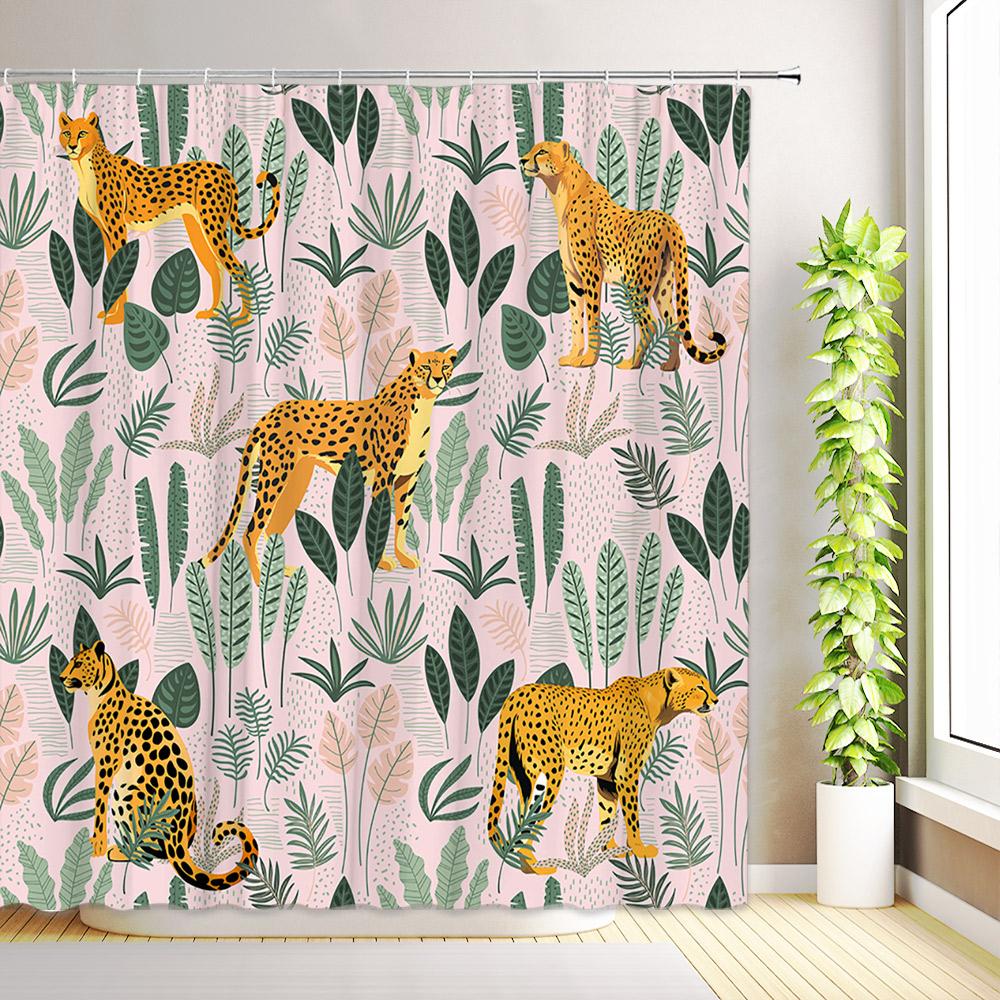 Tropical Palm Leaves Shower Curtain Boho Aesthetic Minimalist Modern Art Butterfly Flower Plant Bathroom Decor with Hooks