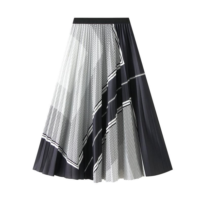 Women's 2022 Autumn High Waist Pleated Digital Print Mid-Length Skirt