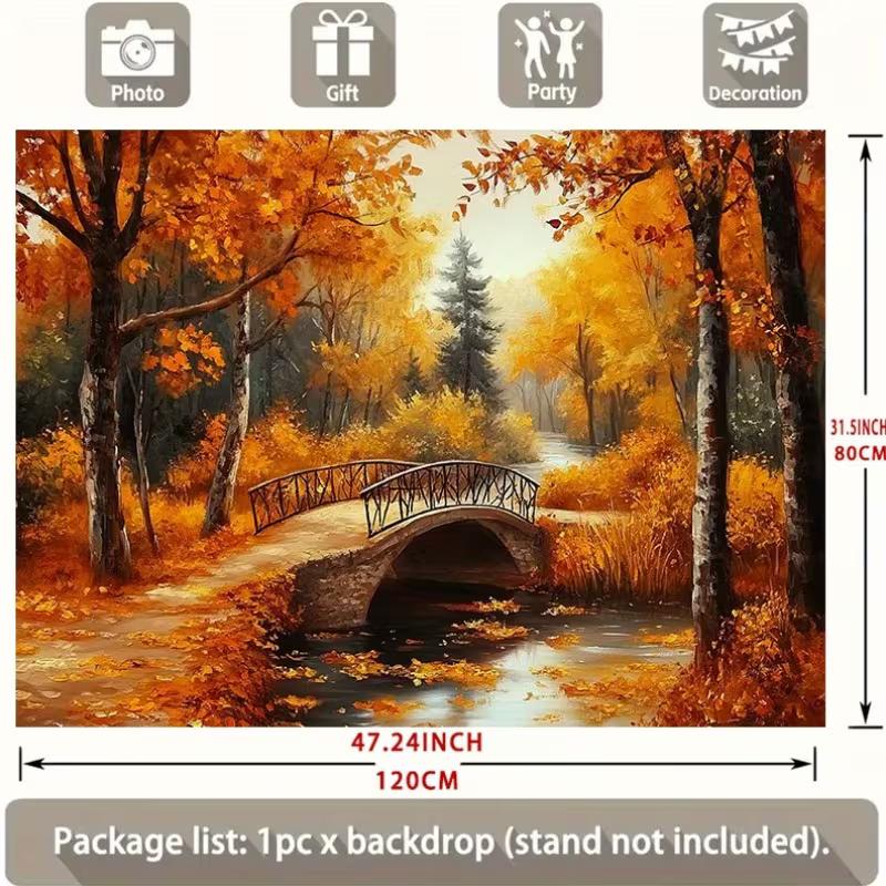 2D Flat Printing Autumn Forest Backdrop, Fall Bridge Photography Background