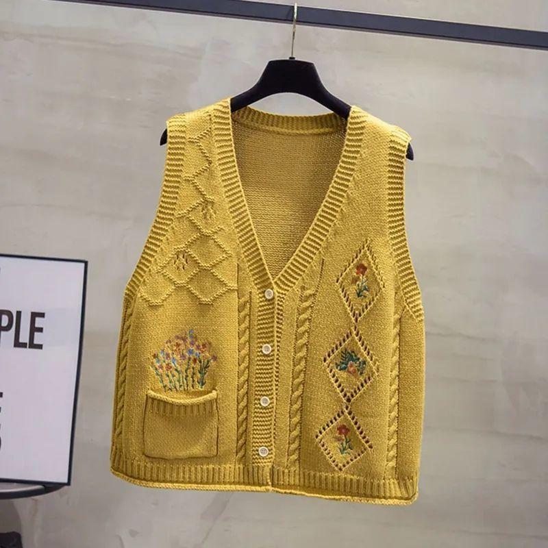 Autumn and Winter Women's V-neck Knitted Cardigan Vest Hollow Embroidered Vest Loose Retro Knitted Sleeveless Top