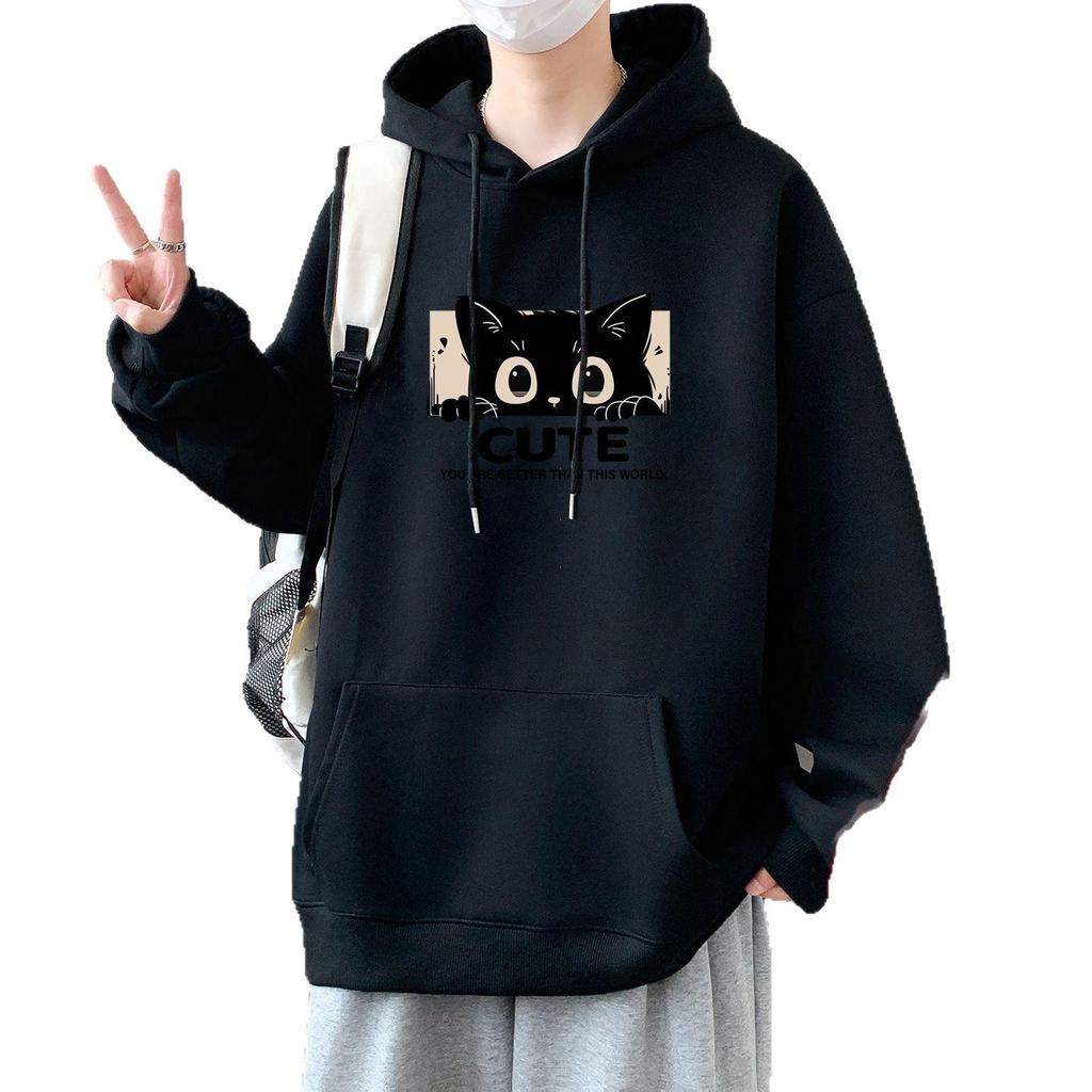 Unisex Thickened Fleece-Lined Cotton Hoodie with Kitten Print - Loose Fit for Autumn/Winter