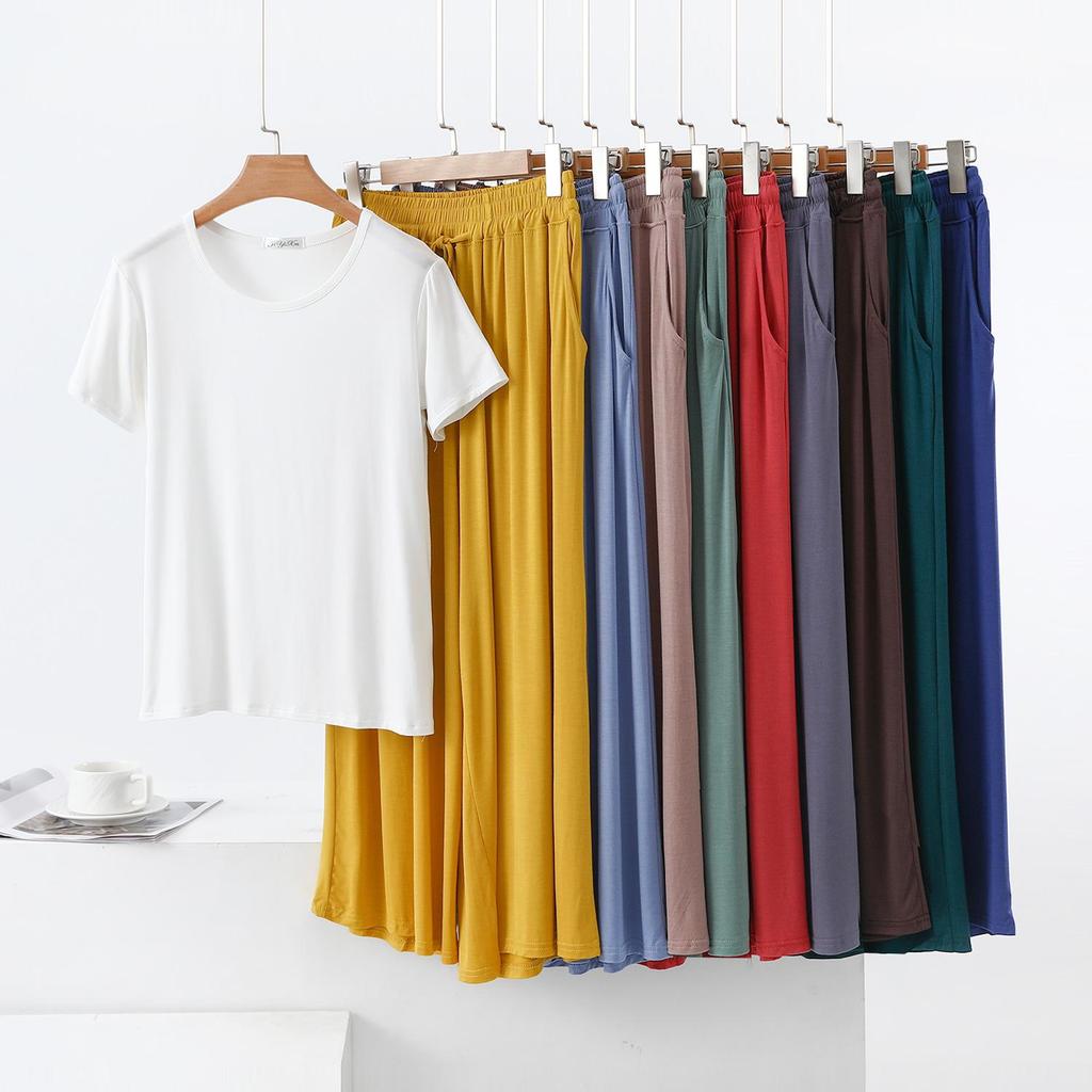 Color Block Cotton Crew Neck Two-Piece Set: Short Sleeve Top & Wide Leg Drawstring Pants