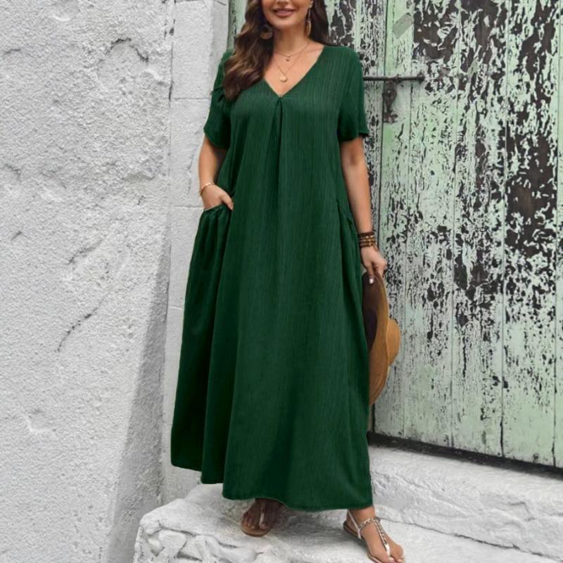 Plus Size Women V Neck Short Sleeve Loose A Line Long Dress With Pockets