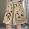 Women's Corduroy Shorts Summer Retro Loose Chinese Style Pocket Crocheted Casual Wide-leg Shorts