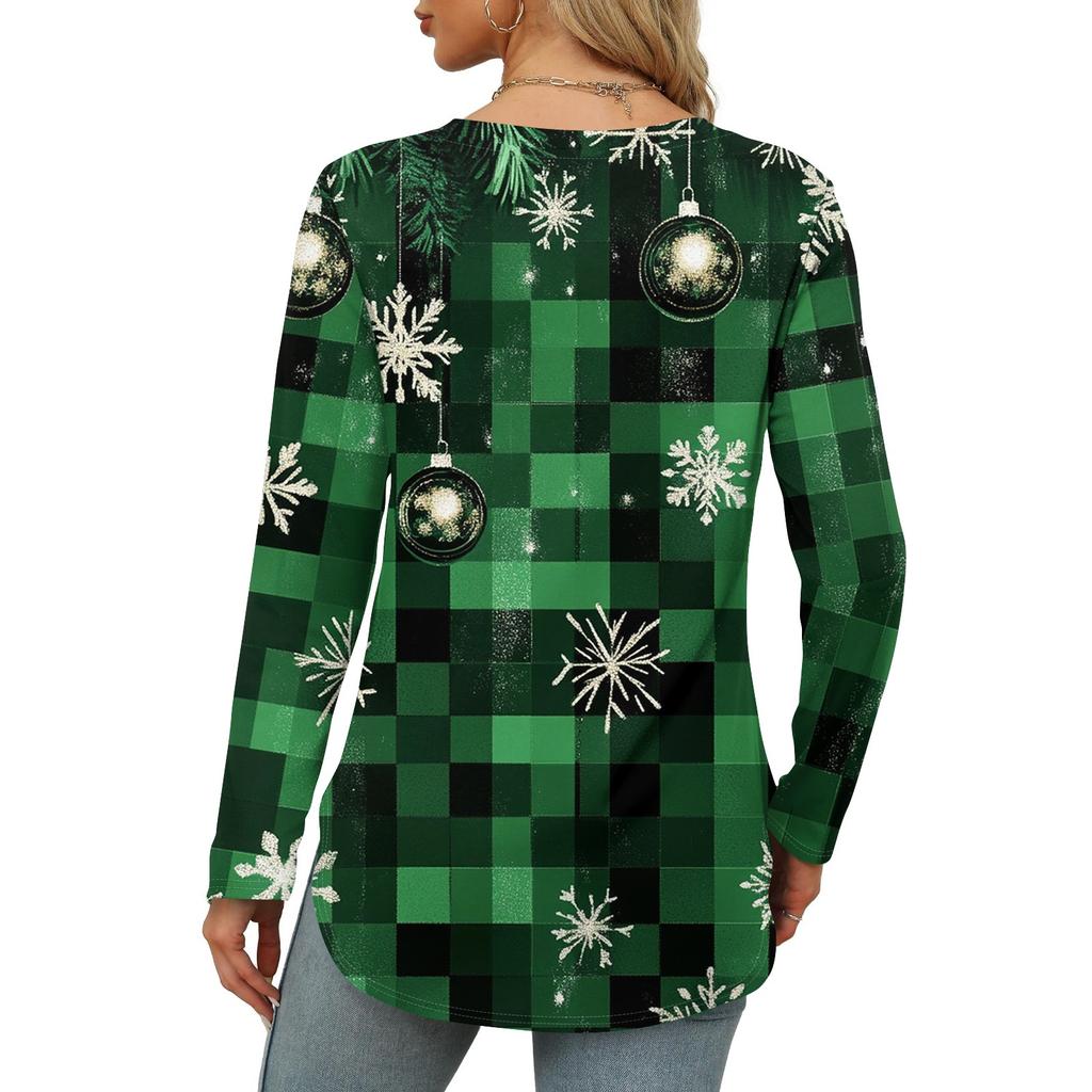 Damskie koszulki z długim rękawem z okrągłym dekoltem, rozcięciem po bokach, podstawowe, luźne, z nadrukiem świątecznym, koszule codzienne