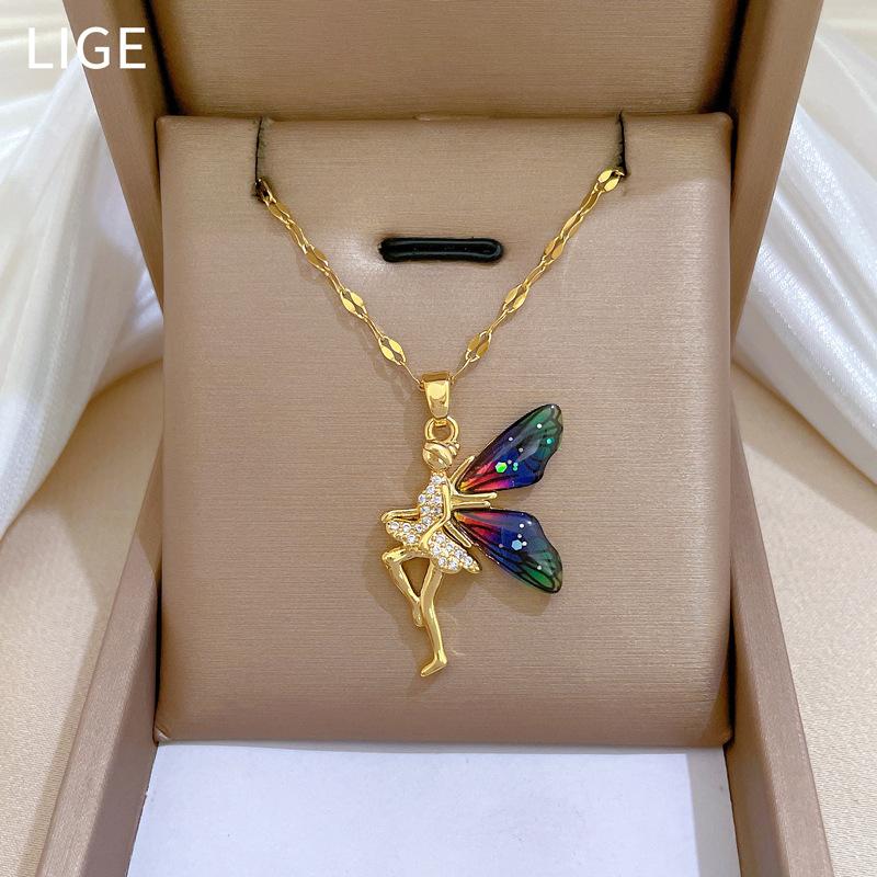 Flower Elf Wings Light Luxury Temperament Gorgeous Full Diamond Necklace Female Versatile Collarbone Chain Titanium Steel Chain