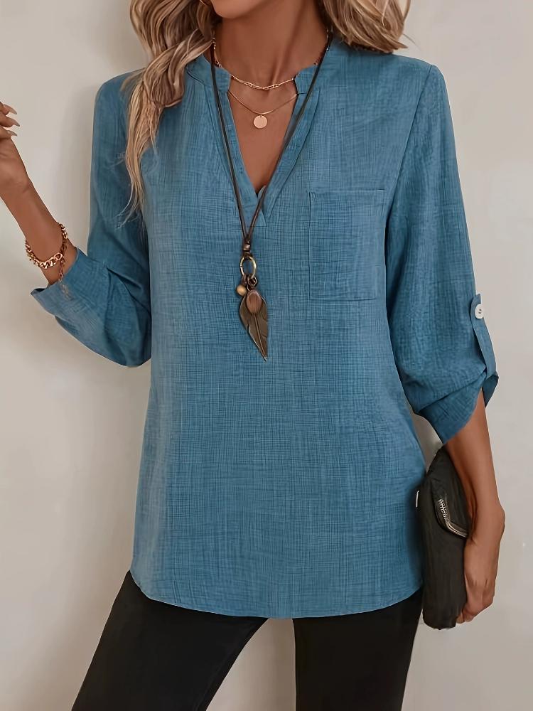 Solid Color Women Fashion Casual Long Sleeve Notch V-neck Shirt Woman