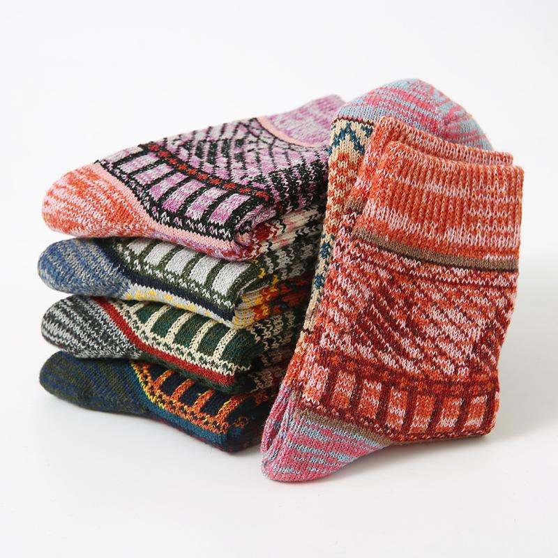 5/10 Pairs Women Double Layer Octagonal Flower Rabbit Wool Socks Autumn Winter Retro Coarse Knit Socks