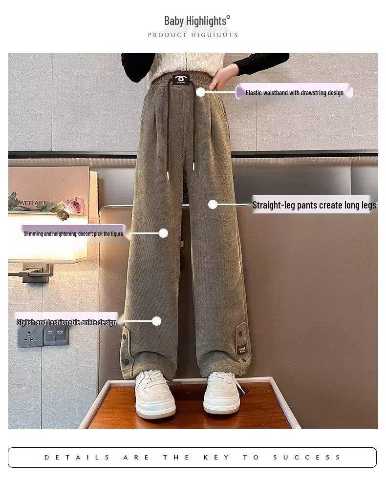 2024 Girls' Corduroy Wide-Leg Pants: Spring & Autumn Casual Straight-Leg for Kids