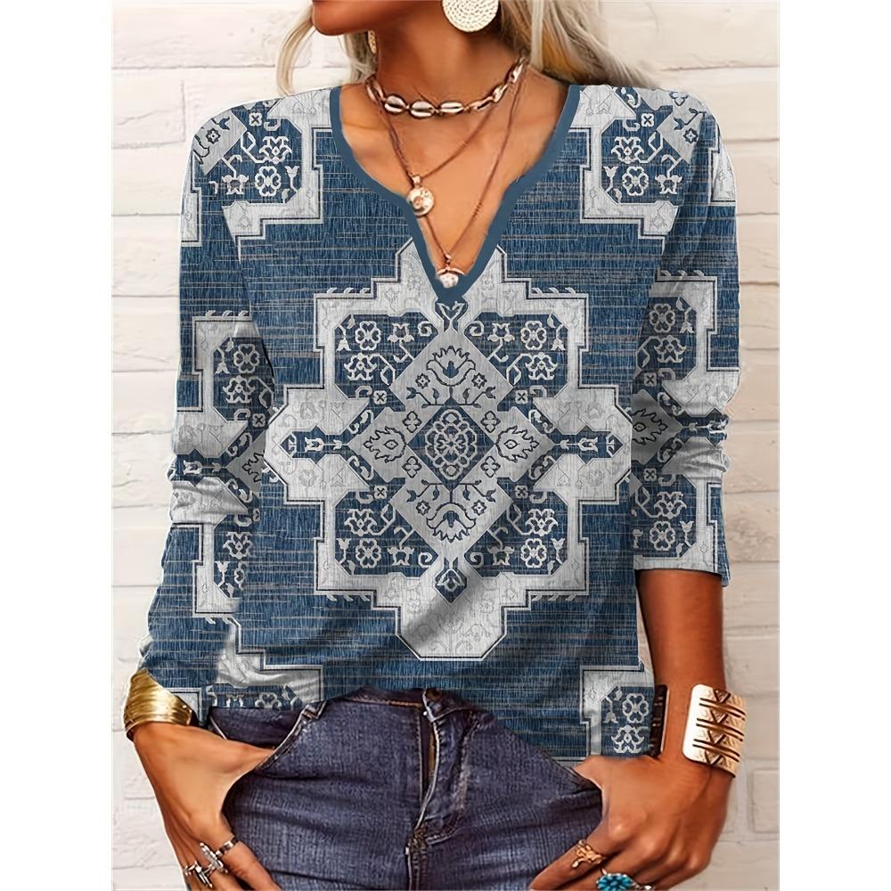 GMXIA Autumn Loose Long Sleeve Flower Bold V-neck T-shirt Base for Women