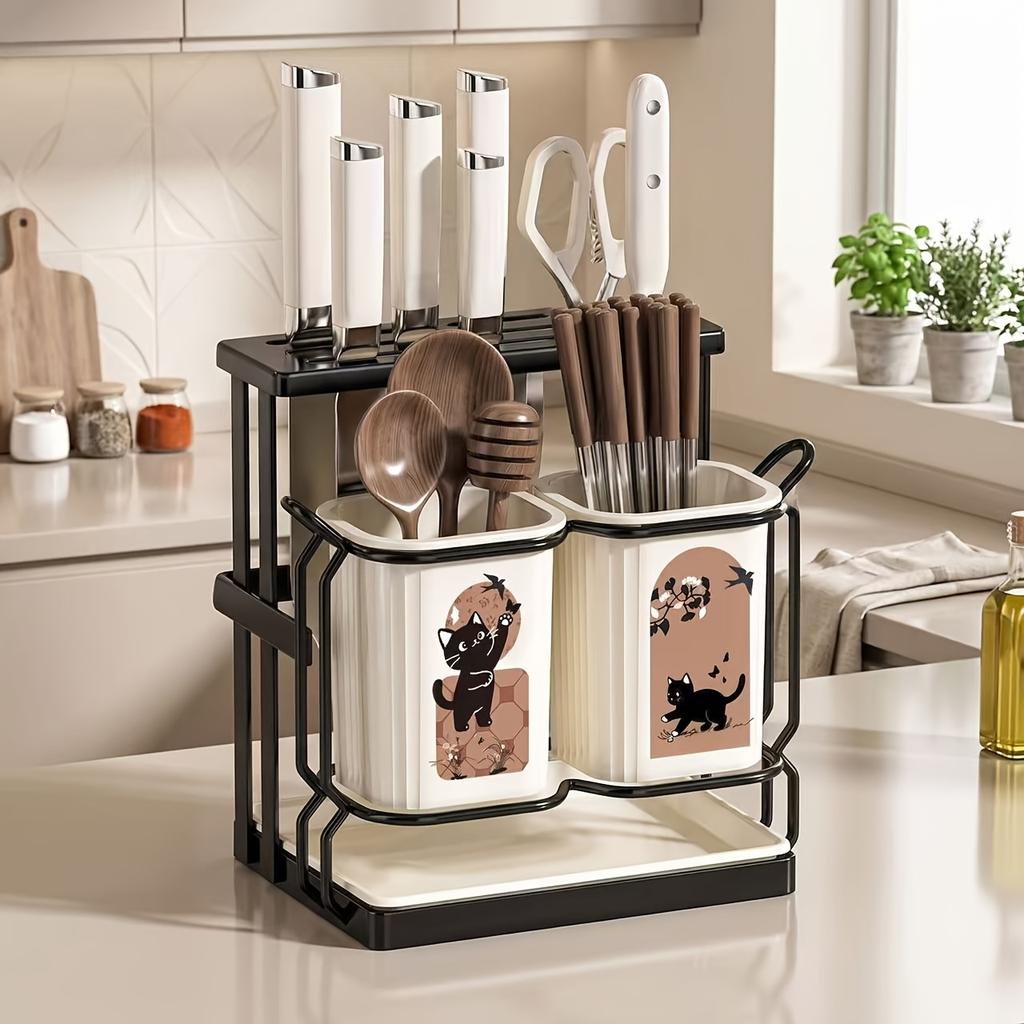 Kitchen Utensil Holder Wall Mounted Chopsticks Spoon Organizer Knife Storage Rack With Drip Tray