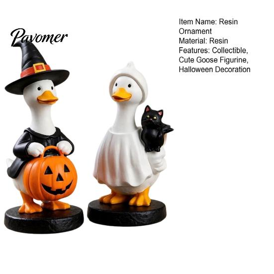 Windowsill Resin Statue Halloween Goose Figurine, Witch Hat Ornament, Cute Living Room Decor Ghost for Tabletop Mantel Shelf Holiday Decoration