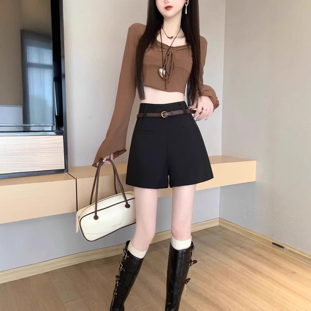 

Весна/Лето 2025 Корейские шорты А-силуэта с высокой посадкой и широкими штанинами серого цвета для женщин M