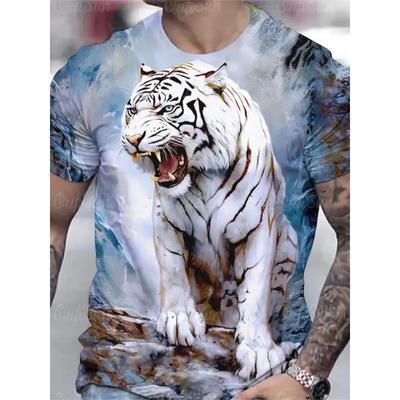 Sommer Bedrucktes 3D Digital Tiger Lockeres Plus Herren Lässiges Trendiges Kurzarm T-Shirt Top