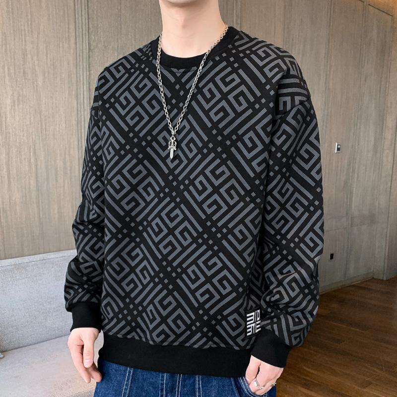 

Camouflage Plaid Shirt Long-sleeved Youth Trendy Sweatshirt Base Shirt Autumn and Winter Loose Round Neck Large-size Pullover Top M чорний