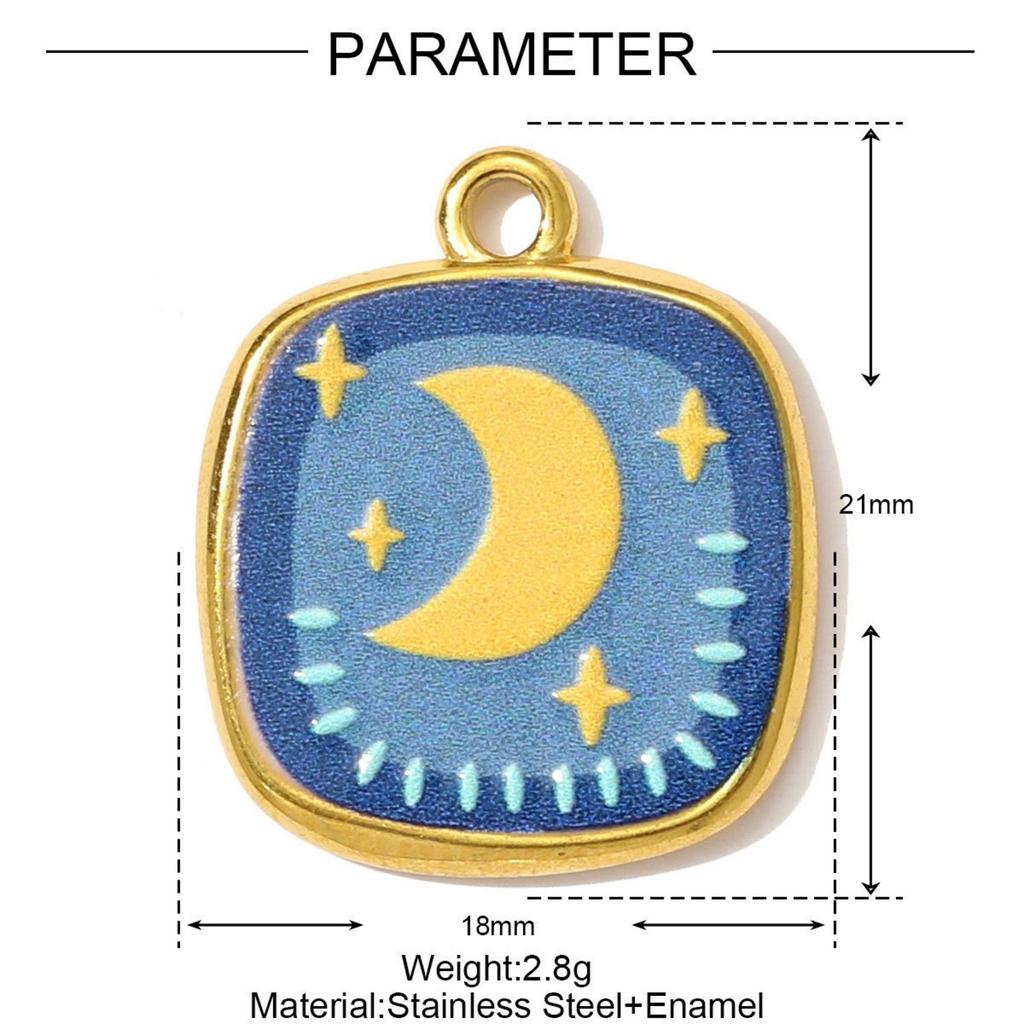 1 Stück 304 Edelstahl Charms 18K Vergoldet Mehrfarbig Bedruckt Quadratisch Vogel Mond Schmetterling Anhänger Für DIY Halskettenherstellung
