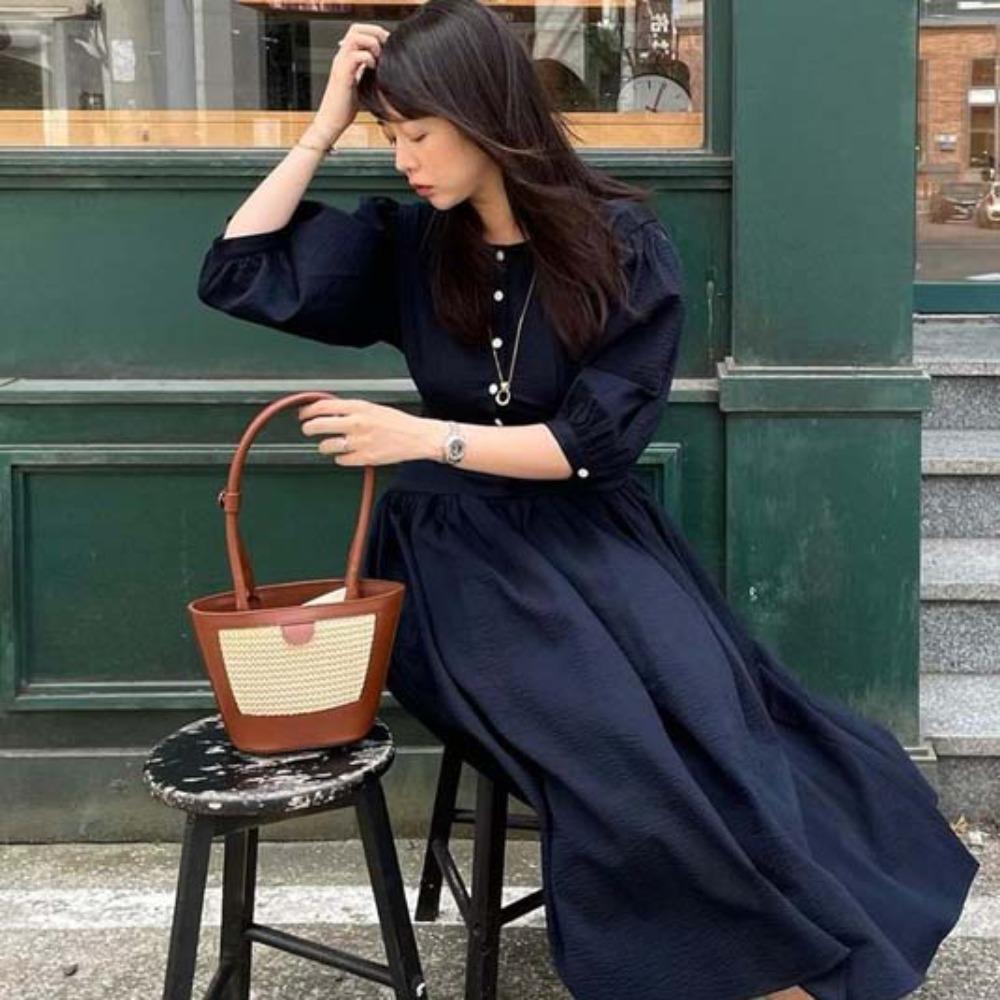 Breathable Women Bucket Handbag Retro Straw Shoulder Bag Beach Pouch PU Woven Bucket Bag  School