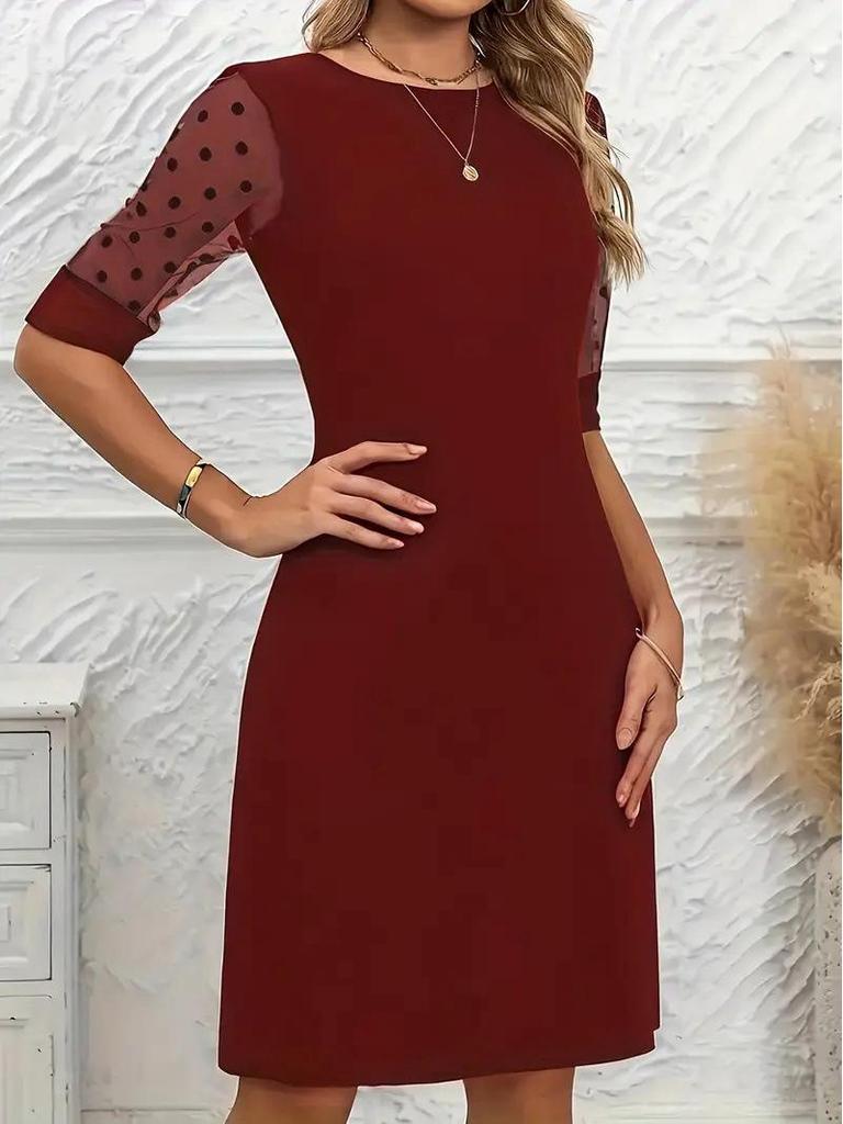 2025 Summer Women's Hepburn Style Lace Patchwork Dress - French Mid-Sleeve Round Neck