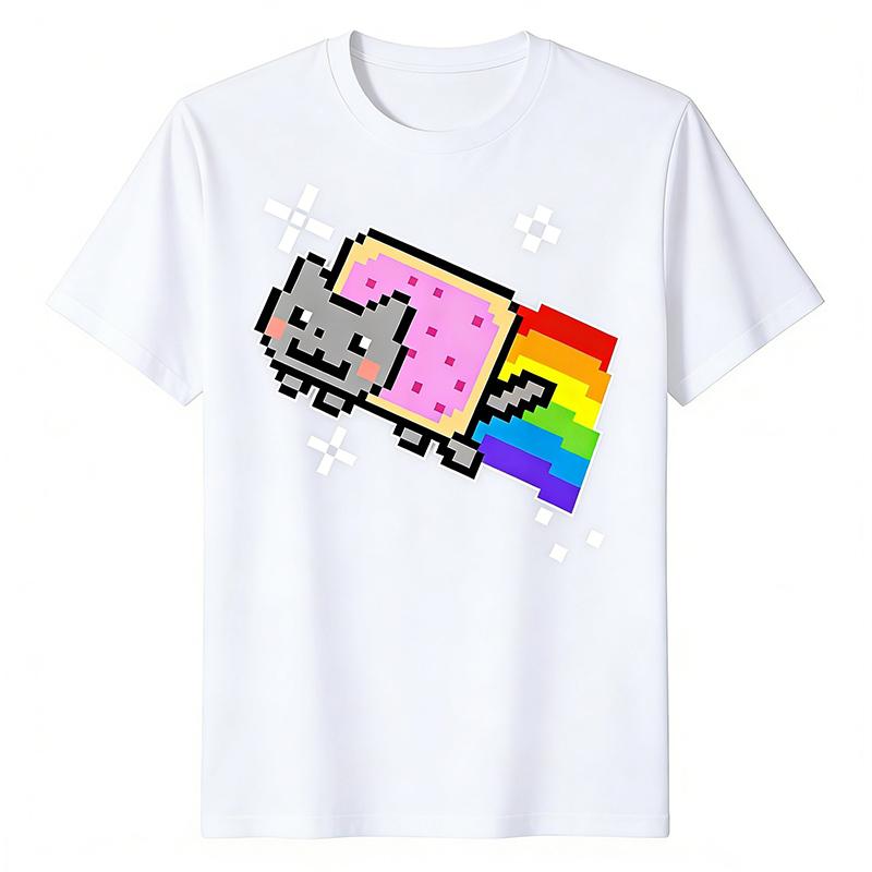

Nyan Cat with Rainbow T-Shirt Funny Meme Creative Top Hip Hop Y2K Vintage Print Short Sleeve Casual Loose Street Wear Unisex M білий