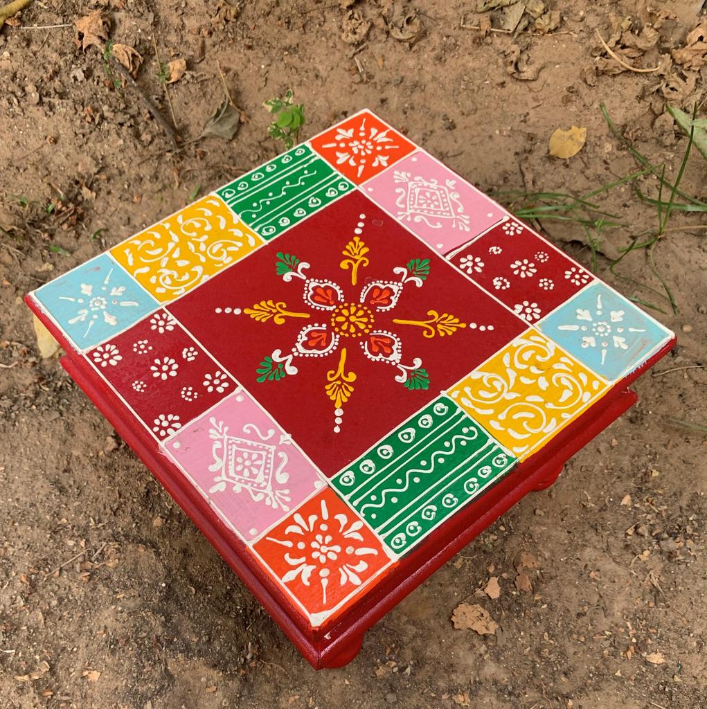 Hand Painted Wooden Chowki | Traditional Indian Pooja Bajot | Colorful Folk Art Decor