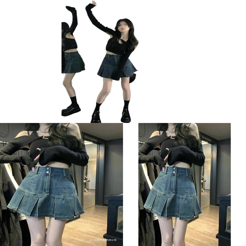 High Waist Pleated Denim Skirt With Button Detail For Summer Casual Wear
