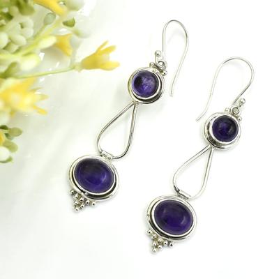Amethyst-Edelstein-Ohrring aus massivem 925er-Sterlingsilber, handgefertigter Ohrring, Geschenk für Sie, Geburtsstein-Schmuck, Lünettenohrring