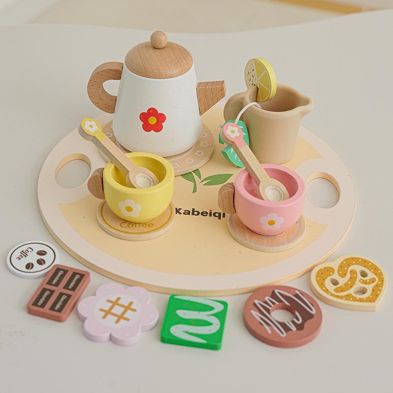 Wooden children's simulation role-playing house tea set exercises baby's social skills afternoon tea interactive toys