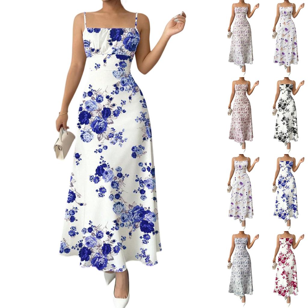 Women’s Sleeveless Spaghetti Strap Long Dress with Floral Print Lightweight Fabric and Square Neckline for Summer