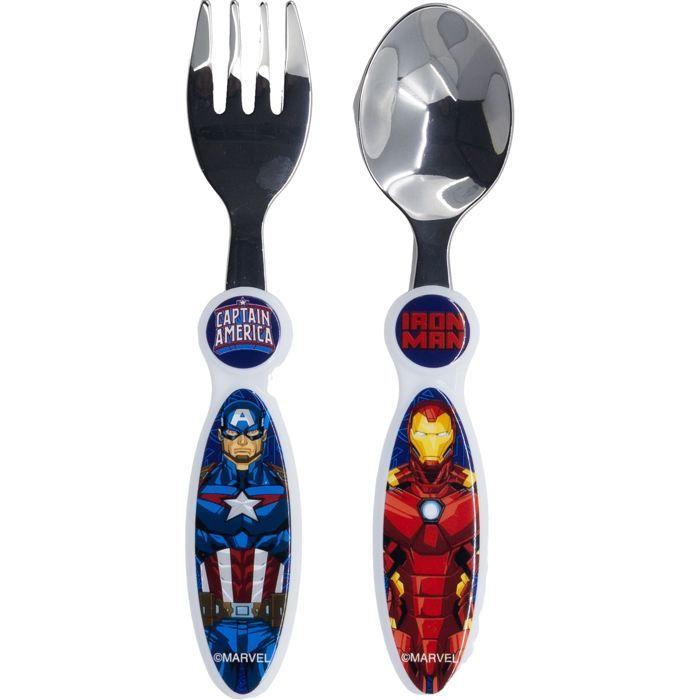 Tataway Ensemble 2 couverts enfants Marvel acier inoxydable bleu Avengers Captain America Iron Man bouts arrondis