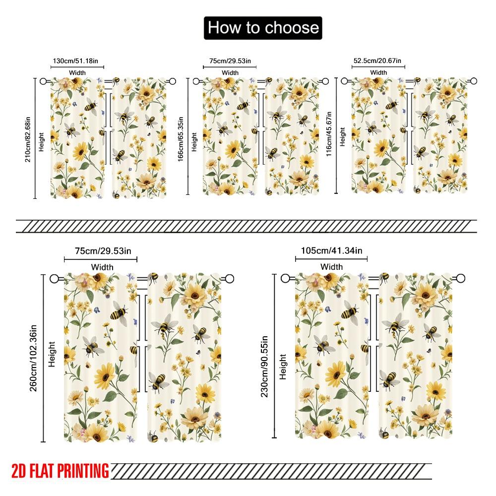 2pcs,2D plane printing Curtains Digital Printed Bee Blossom Dance Polyester Fabric (without rod) Festive for Bedroom Living Room