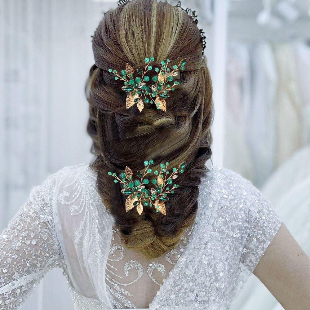 3Pcs/set Wedding Rhinestone Green Leaves Bridal Hairpins Hair Sticks Hair Forks Hair Accessories