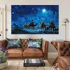 Starlight Christmas Scene Background Fabric - The Holy Family and the Three Kings In the Desert Manger, Made of Polyester