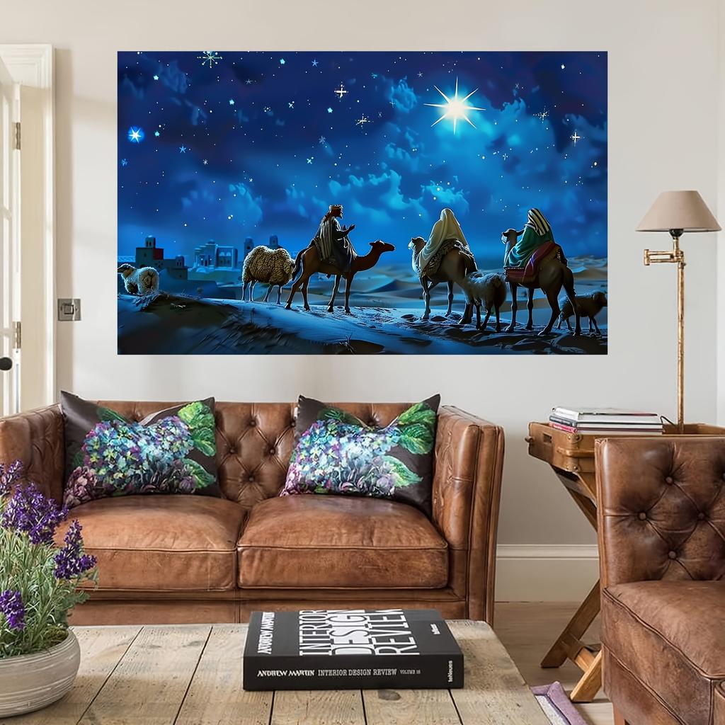 Starlight Christmas Scene Background Fabric - The Holy Family and the Three Kings In the Desert Manger, Made of Polyester