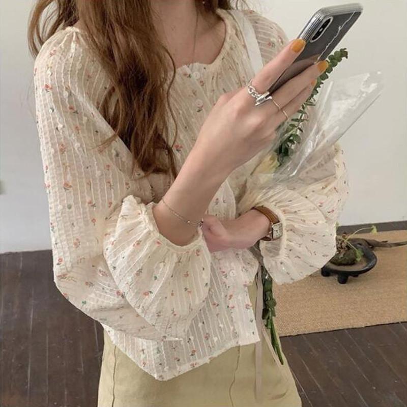 French Style Chic Floral Blouse for Women New Spring Summer Design Loose Fit Long Sleeve Casual Shirt