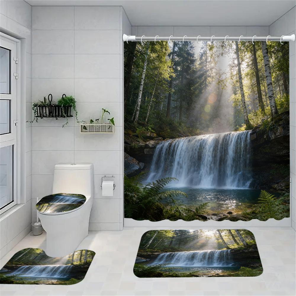 1/4 Rose Print Shower Curtains, Toilet Seat Decoration, Shower Curtain With Carpet And Toilet Lid, 70.8X70.8 Inch