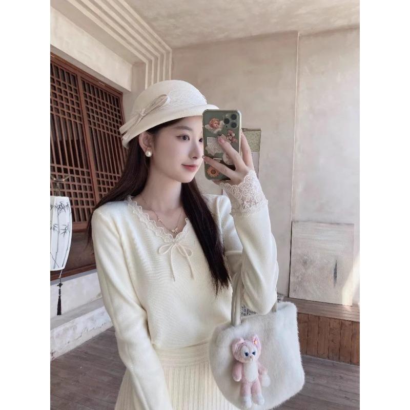 Pink bow-tied bottoming shirt top women's winter inner lace collar design knitted sweater