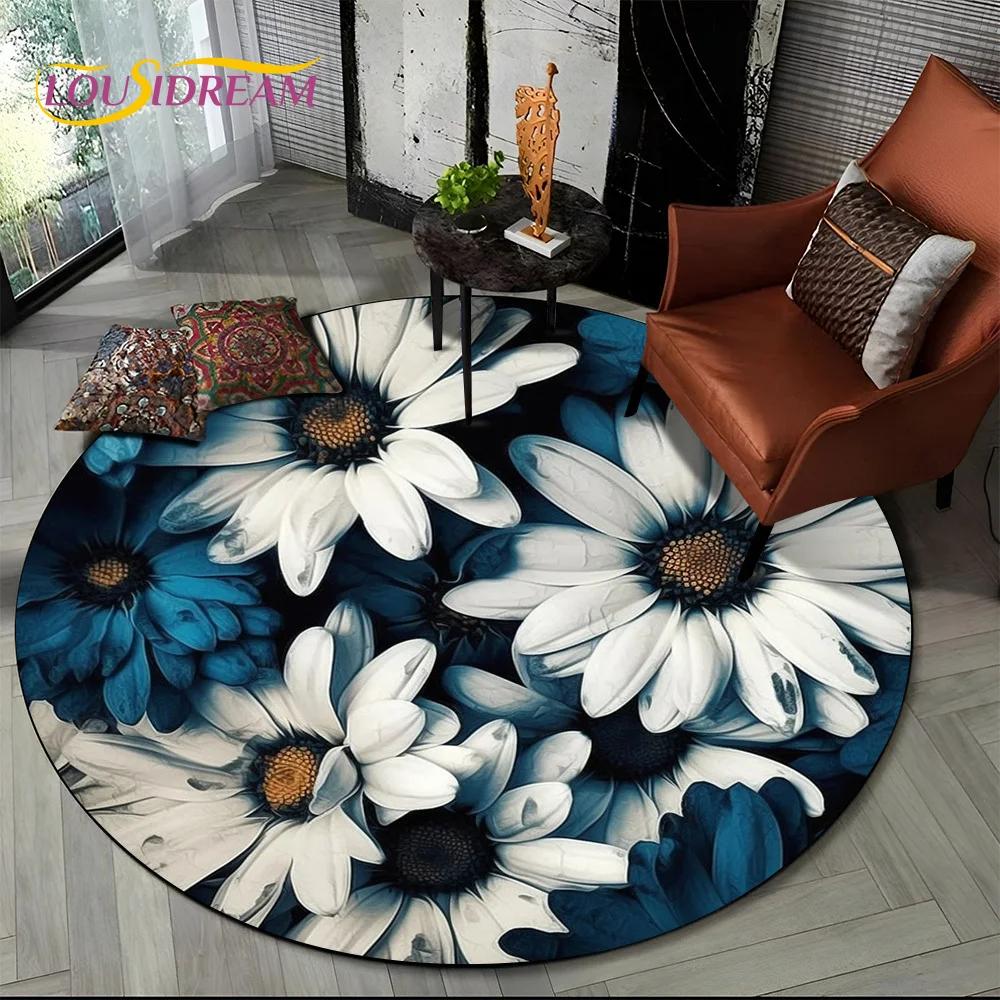 Covor rotund 3D Lux Floarea Soarelui Trandafir Nordic Margaretă pentru Decor Sofă Living Dormitor, Covor Zonă Copii Covoraș de Podea Antiderapant Cadou