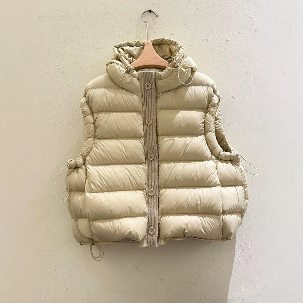 Down vest women's short winter thickened hooded white duck down jacket knitted splicing to keep warm