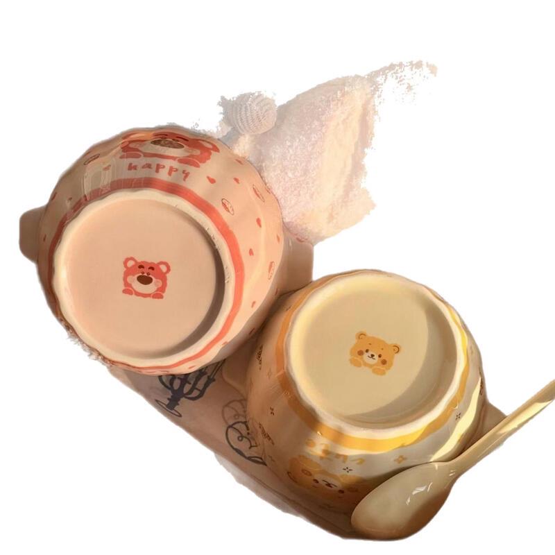 ZISIZ Bee Bear Double-Ear Ceramic Pumpkin Bowl with Spoon