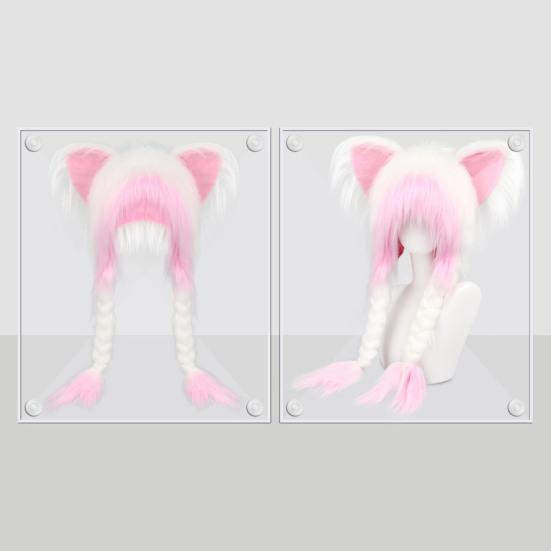 Cat Ear Hat with Braids Double-Layer Ears Decor Soft Plush Anime Cosplay Hat