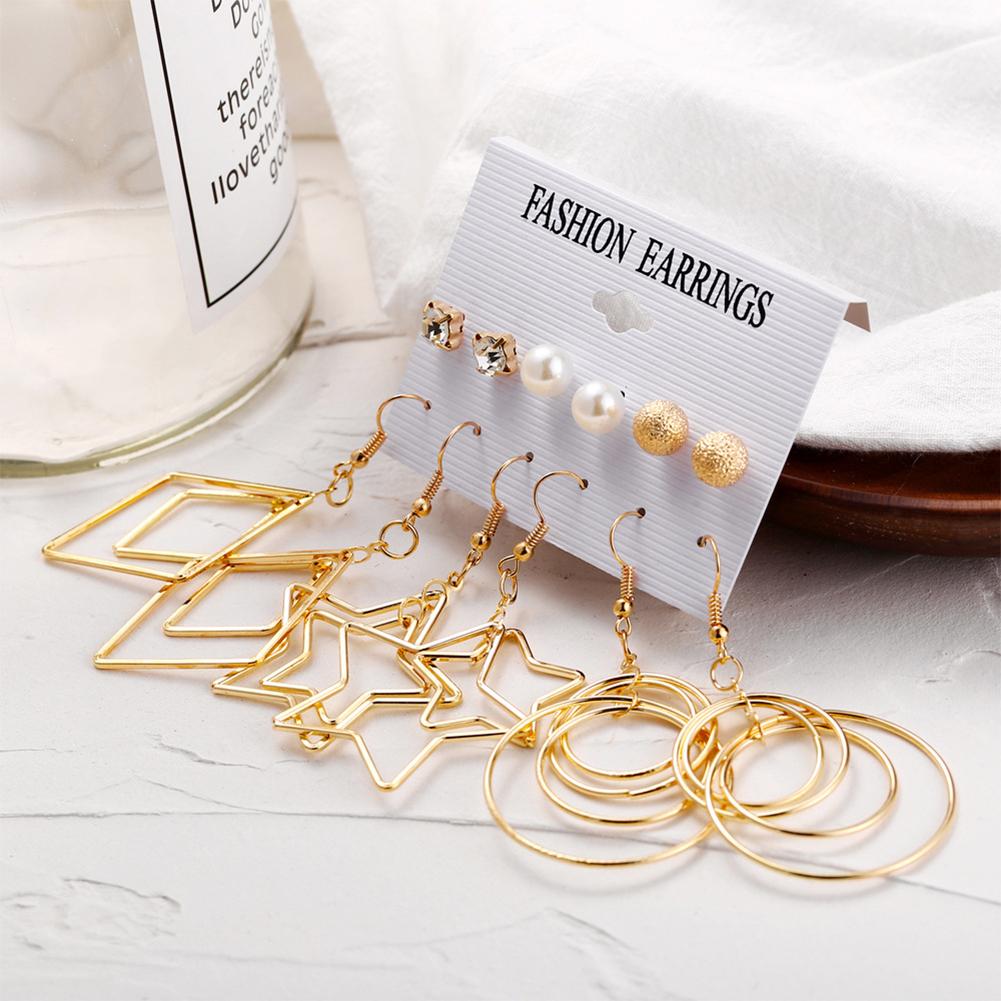 6pcs/set Women Creative Pearl Five-pointed Star Big Circle Earrings Ear Stud Jewelry Accessories
