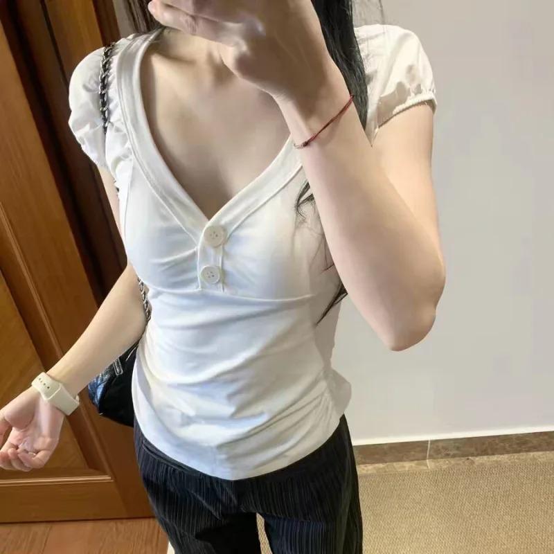 Vintage Solid Color T Shirt Kawaii V Neck Pullovers Tee Shirt Women Y2K Aesthetic White Button Short Sleeve Summer