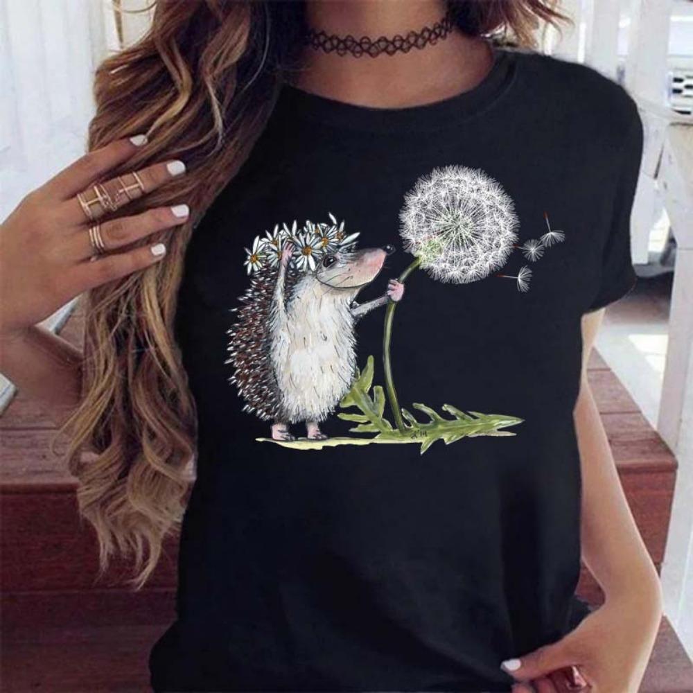 

Women s Short-sleeved Hedgehog Print Fashion Round Neck T-shirt Oversized T-shirt Aesthetic Clothes Top M