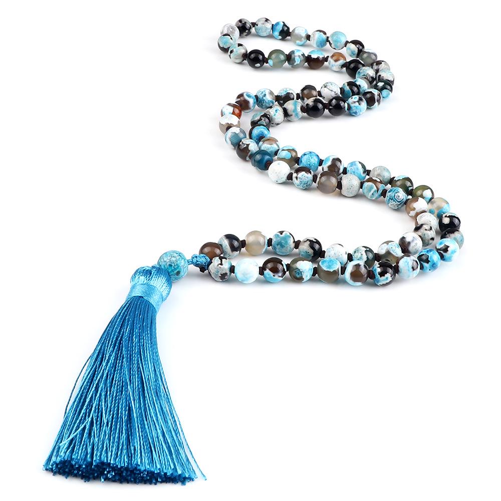 European 8mm Stone Bead Tassel Necklace and Multi-Strand Buddhist Bead Bracelet