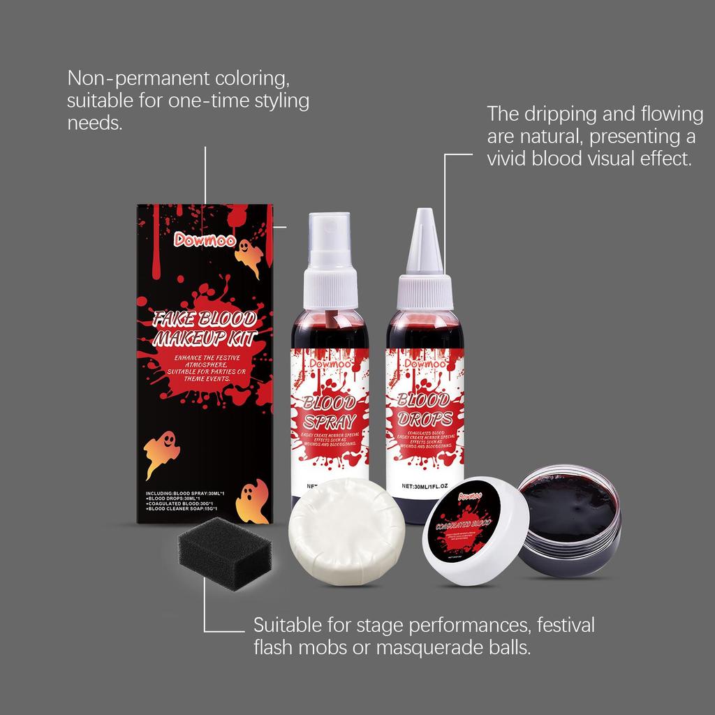 Dowmoo Halloween Fake Blood Makeup Set, Includes Fake Blood, Blood Clots, Vampire Imitation Blood, Scary Makeup Effects for Cosplay, 1 Set