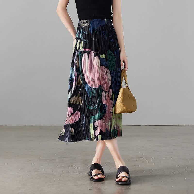 SOFSIL 2026 Summer Printed Pleated Mid-length Skirt 30/XXL черный с принтом