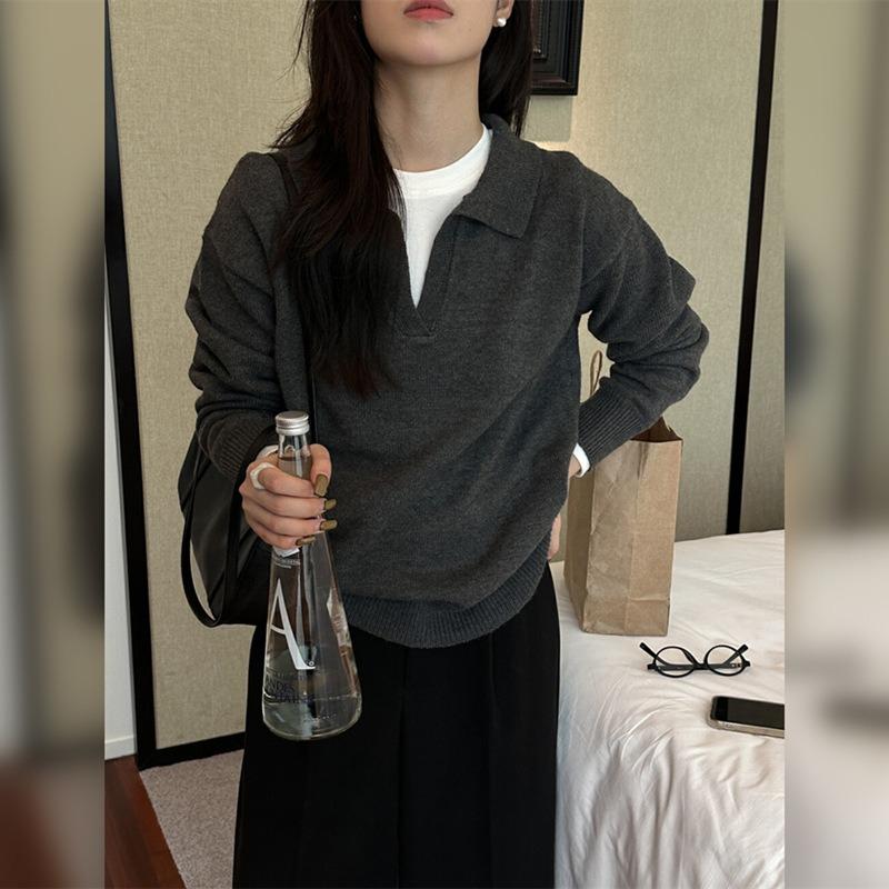 Black polo neck long-sleeved knitted sweater for women's autumn and winter lazy style loose casual v-neck sweater top