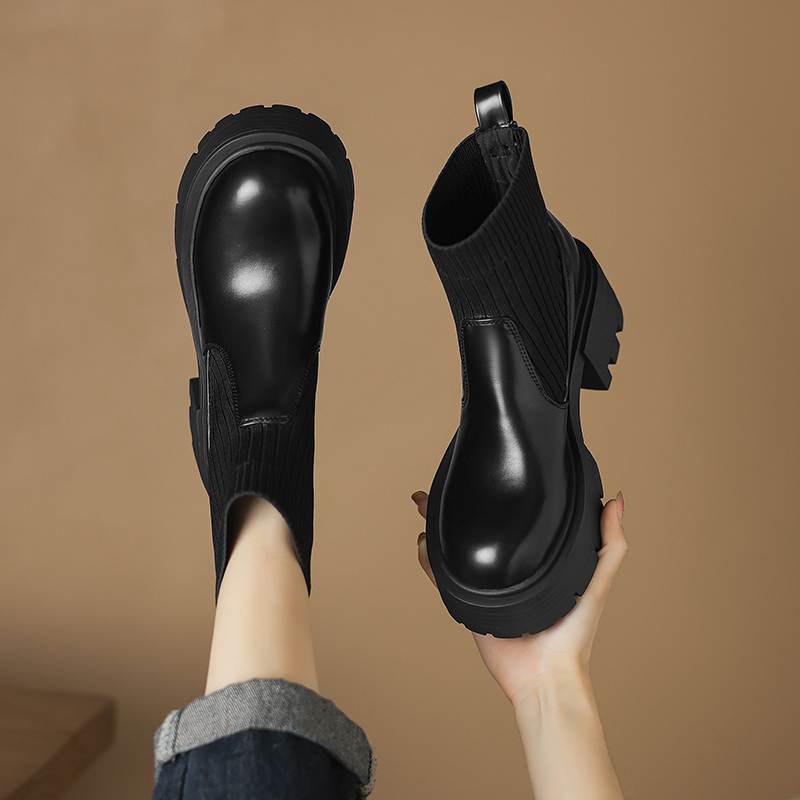 Krazing Pot Microfiber Autumn Winter Shoes Thick High Heels Thick Bottom Size 43 Motorcycle Boots Stretch Knitwear Ankle Boots
