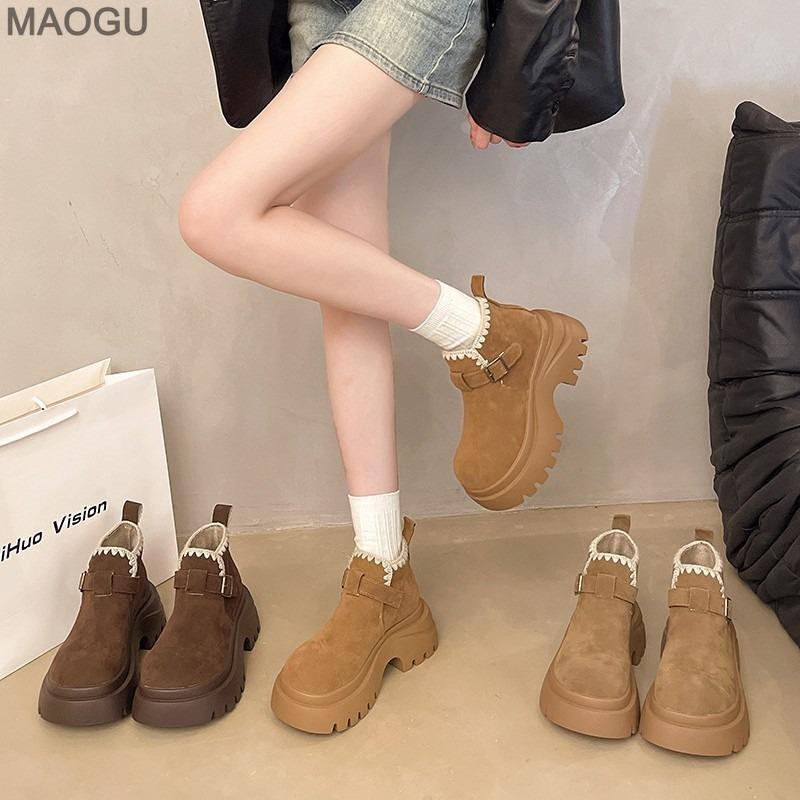 Platform Thick Sole Height Increasing Brown Ankle Boots Women's 2026 New Autumn Fashion Chunky Heel Shoes Slip On Botas Mujer